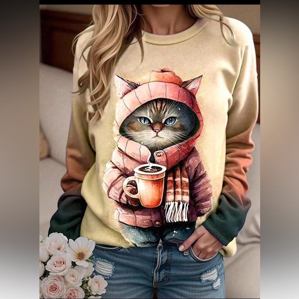 Cozy Cat Hoodie with Coffee Print nwt plus Sz 16 or 2X